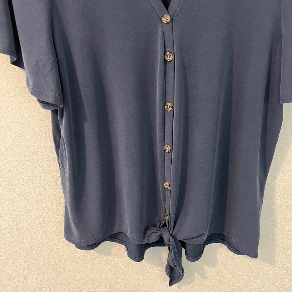 Green Envelop Soft Modal Blue V Neck Button Front Flutter Sleeve Popover Top - Picture 4 of 10
